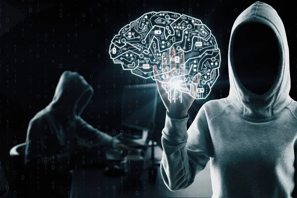 Hacker with circuit brain interface on black background. AI and theft concept