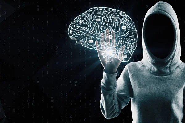 Hacker with circuit brain interface on black background. AI and phishing concept