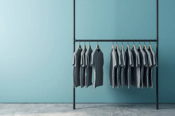 Hanger Row Tshirts Interior Empty Copyspace Blue Wall Design Fashion — Stock Photo, Image