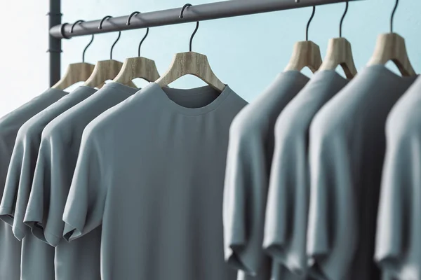 Row Grey Shirts Hangers Blue Wall Background Style Design Concept — Stock Photo, Image