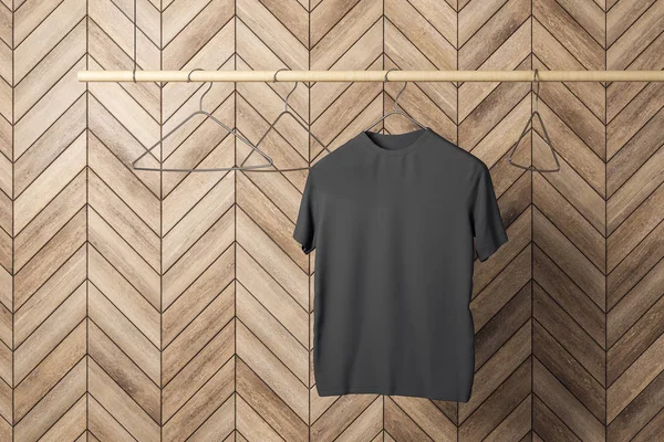 Leere Ein Schwarzes Shirt Kleiderbügel Hölzerne Fliesenwand Hintergrund Design Laden — Stockfoto