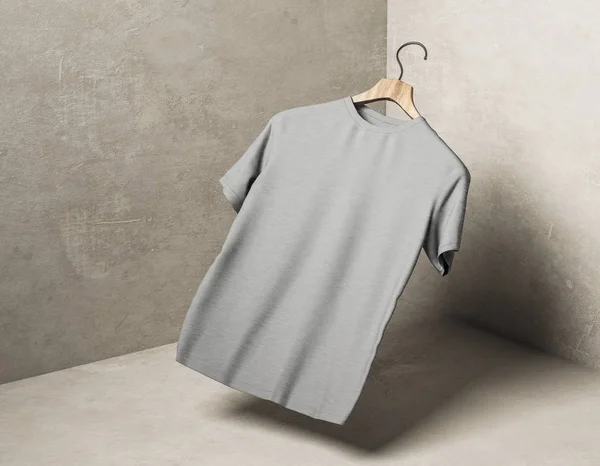抽象悬浮灰色 T恤在衣架在混凝土角落与阴影 时尚和模型的概念 — 图库照片