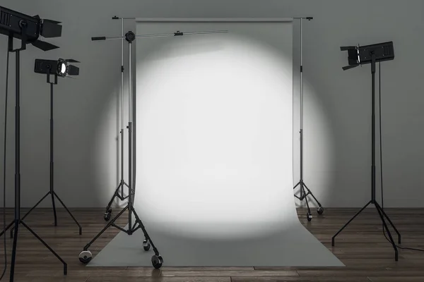 Moderno Studio Fotografico Con Attrezzature Illuminazione Professionale Sfondo Bianco Concetto — Foto Stock