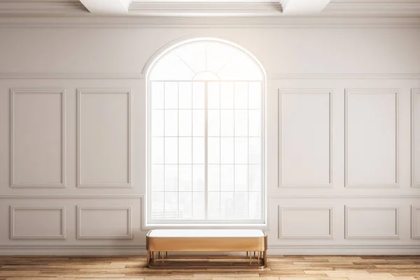 Modern classical interior with window, bench and sunlight. 3D Rendering