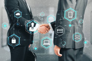 Side view of businessmen shaking hands in blurry office interior with digital interface. Social network and partnership concept. Double exposure  clipart