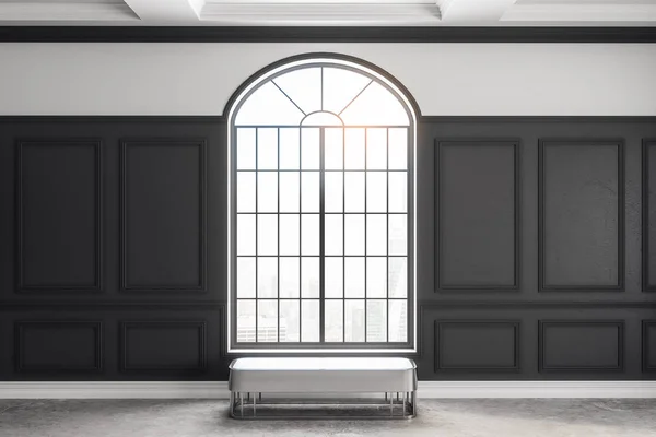 Stylish classical interior with window, bench and sunlight. 3D Rendering