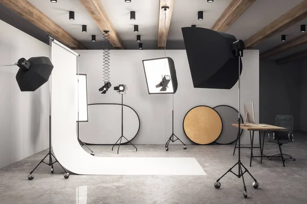 Moderna Foto Studio Arbetsplats Med Professionell Utrustning Rendering — Stockfoto