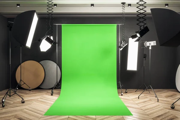 Modern Photo Studio Interior Green Background Professional Equipment Wooden Floor — Stock Photo, Image