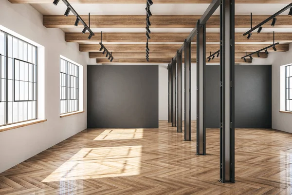 Bright concrete and wooden warehouse interior with windows and sunlight. Storage concept. 3D Rendering