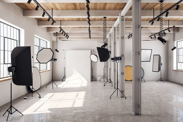 Moderno Luminoso Estudio Fotografía Interior Con Luz Natural Equipo Profesional — Foto de Stock