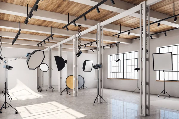 Limpe Interior Estúdio Fotografia Brilhante Com Luz Dia Equipamentos Profissionais — Fotografia de Stock