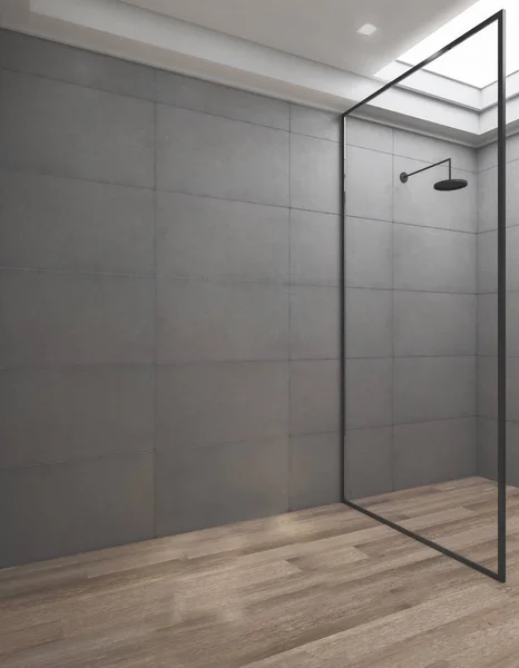 Interior Banheiro Limpo Com Chuveiro Vidro Espaço Cópia Parede Telha — Fotografia de Stock