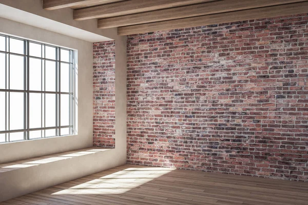 Contemporary loft red brick interior with window and sunlight. 3D Rendering
