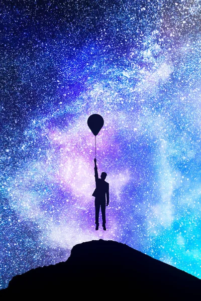 Backlit Person Balloons Hill Standing Beautiful Starry Night Sky Space — Stock Photo, Image