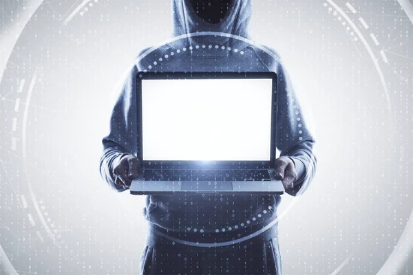 Hacker Possesso Laptop Vuoto Sfondo Digitale Astratto Concetto Data Annuncio — Foto Stock