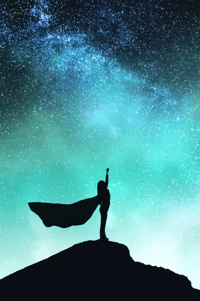 Confident Backlit Superhero Cape Silhouette Standing Mountain Starry Sky Background — Stock Photo, Image