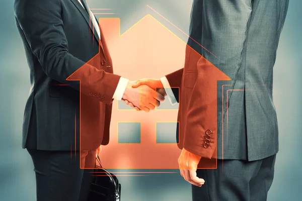 Händedruck Mit Digitalem Haussymbol Auf Verschwommenem Hintergrund Immobilien Und Hypothekenkonzept — Stockfoto
