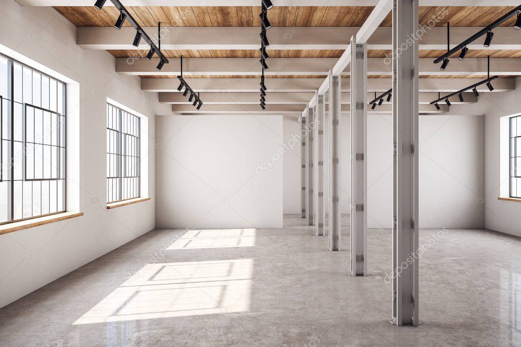 Modern concrete and wooden warehouse interior with windows and sunlight. Storage concept. 3D Rendering 