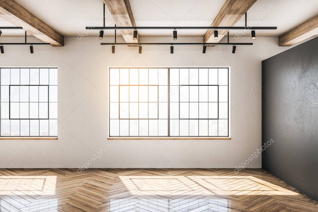 White concrete and wooden warehouse interior with windows and sunlight. Storage concept. 3D Rendering 