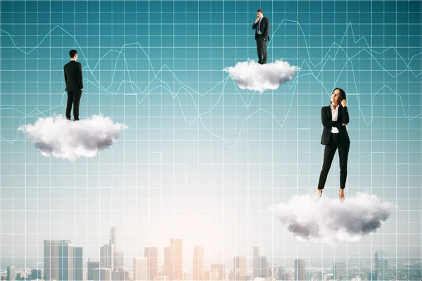 Businesspeople Standing Abstract Clouds Forex Chart Grid Blue Sky City — Stock Photo, Image