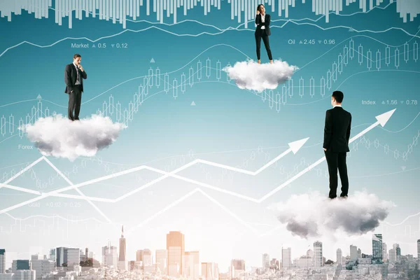 Geschäftsleute Stehen Auf Abstrakten Wolken Mit Devisendiagrammen Auf Blauem Himmel — Stockfoto