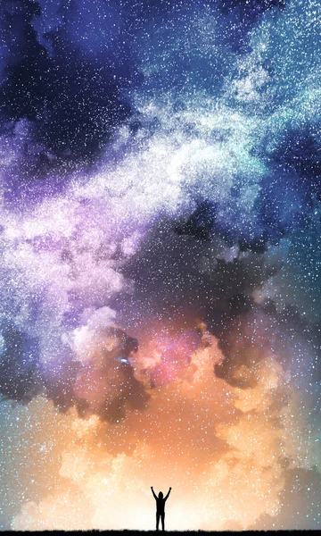 Вид Ззаду Молодої Людини Підсвічування Красивому Фоні Зоряного Неба Космосу — стокове фото