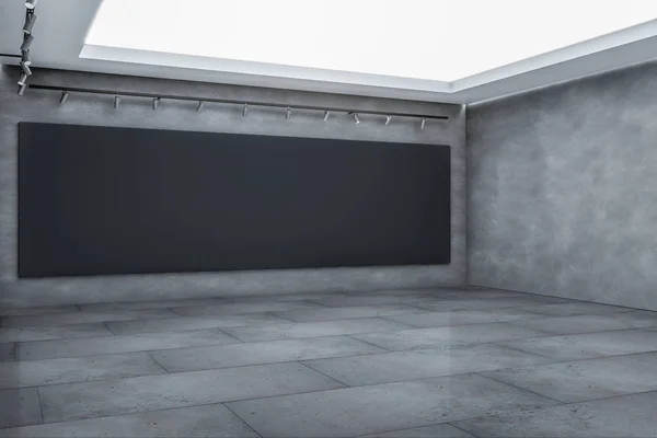 Современный Бетонный Интерьер Выставочного Зала Пустым Черным Рекламным Щитом Галерея — стоковое фото