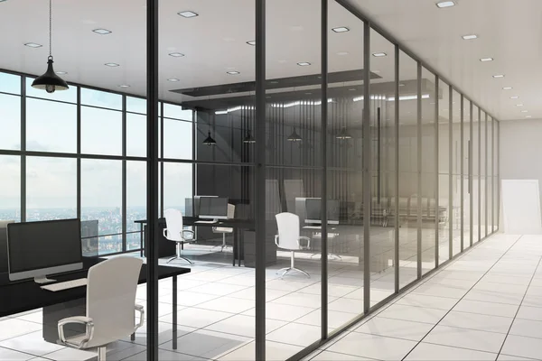 Modern office corridor interior with furniture, equipment and window with panoramic city and sky view. Design concept. 3D Rendering