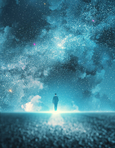 Person on road with beatiful starry night sky with clouds background. Freedom and success concept