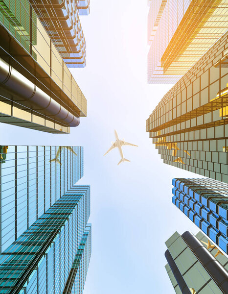 Abstract view of airplane flying between glass skyscrapers. Travel and jet concept. 3D Rendering