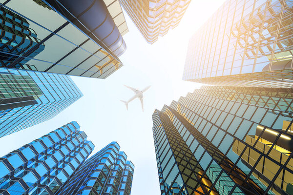 Abstract view of airplane flying between glass skyscrapers. Travel and transport concept. 3D Rendering