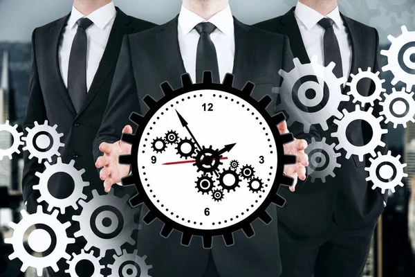 Teamwork, time management and cogwheel concept — Stock Photo, Image