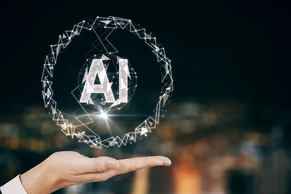 Artificial intelligence concept with man hand and AI letters at city view background. — Stock Photo, Image