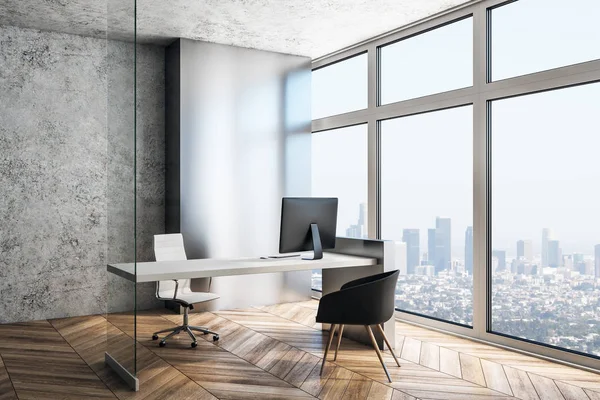 Executive workplace in a modern interior with big windows. 3d rendering — Stock Photo, Image