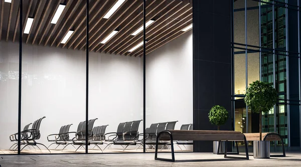 Empty modern conference room with black furniture and wooden ceiling in the night.