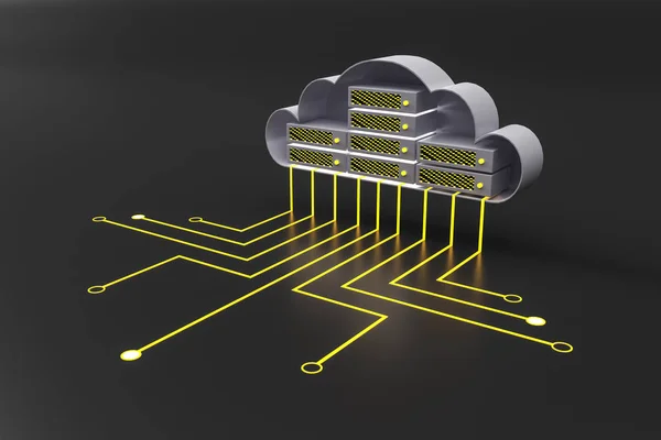Cloud computing and database concept with cloud circuit and wires at dark background.