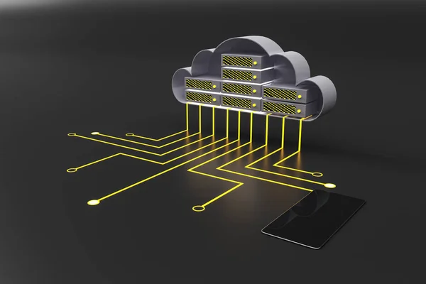 Nube móvil y concepto de datos con circuito de nube, cables y teléfono celular . —  Fotos de Stock