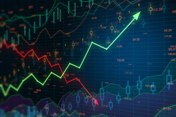 Yeşil ve kırmızı oklar ve finansal grafikler ile İş grafik ekranı. — Stok fotoğraf