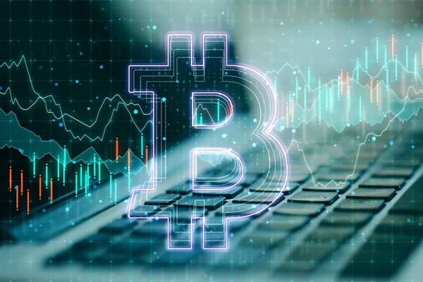 Cryptocurrency concept with bitcoin sign at trading chart background and laptop keyboard. — Stock Photo, Image