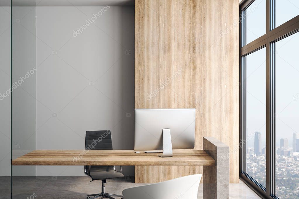 Loft style empty office with Wooden table and wall.