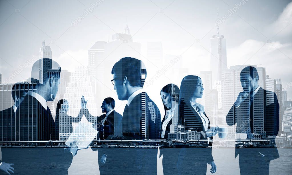f business people discuss on the background of the city