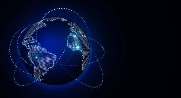世界地図と青い輝く線を中心にしたグローバルなデジタル技術コンセプト. — ストック写真