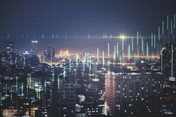 Growth concept with business chart at night megapolis city background. — Stock Photo, Image