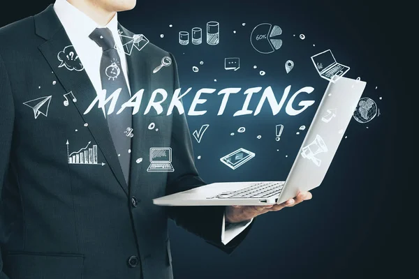 Portátil con boceto de marketing — Foto de Stock