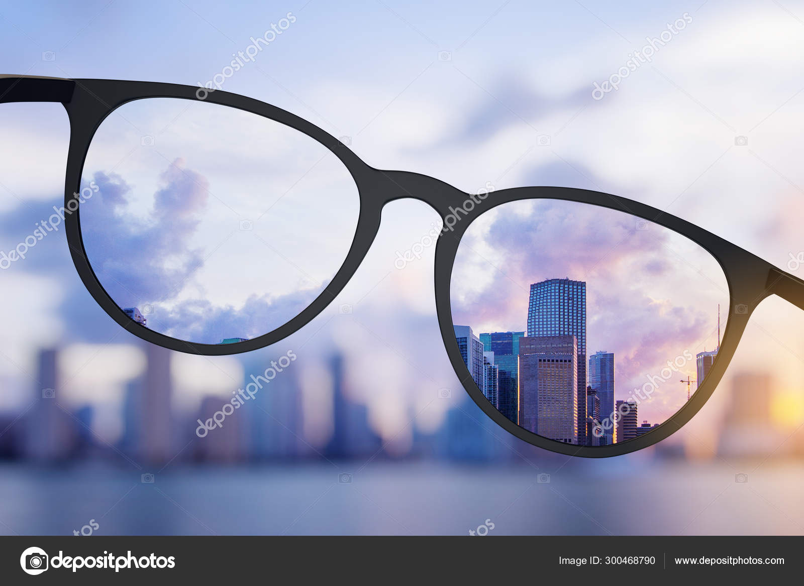 Abstract bright city view through eyeglasses Stock Photo by