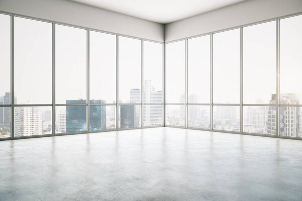 Empty light office interior with bright city view. 3D Rendering