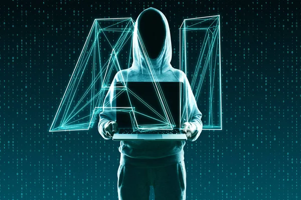 Hacker met AI laptop — Stockfoto