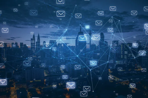 Night city backdrop with email network