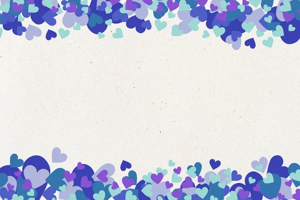 Ansichtkaart met paarse en blauwe harten op lichte muur achtergrond. — Stockfoto