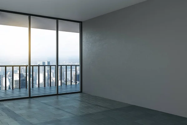 Prázdná šedá modelová stěna v moderním kancelářském sále s betonovým podlahou, velkým výhledem na okno a město. — Stock fotografie